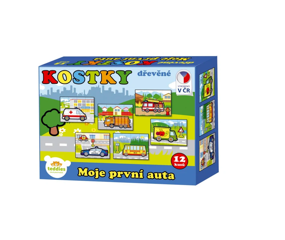 Teddies Kostky kubus dřevěné Moje první auta 12ks v krabičce 17x12,5x4cm MPZ
