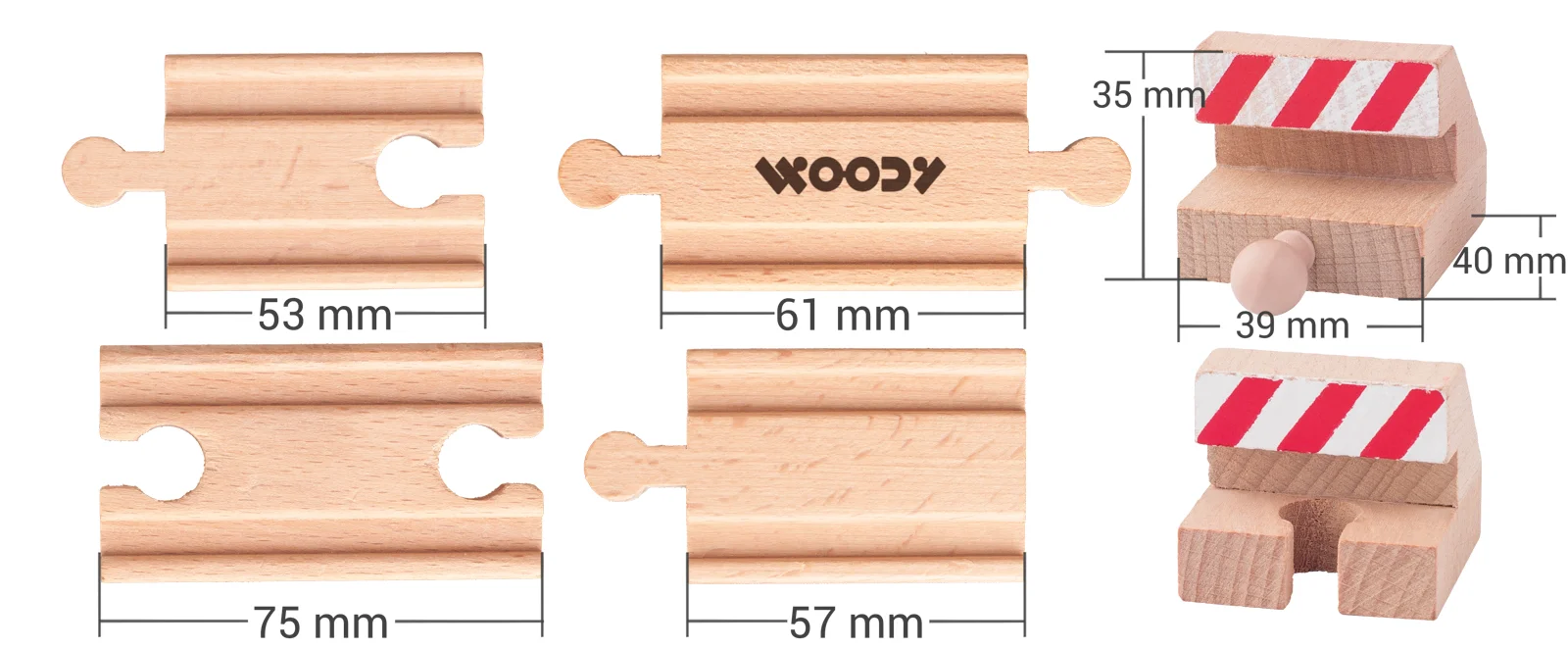 Woody Příslušenství k dráze - Propojovací koleje a zarážky, 6ks