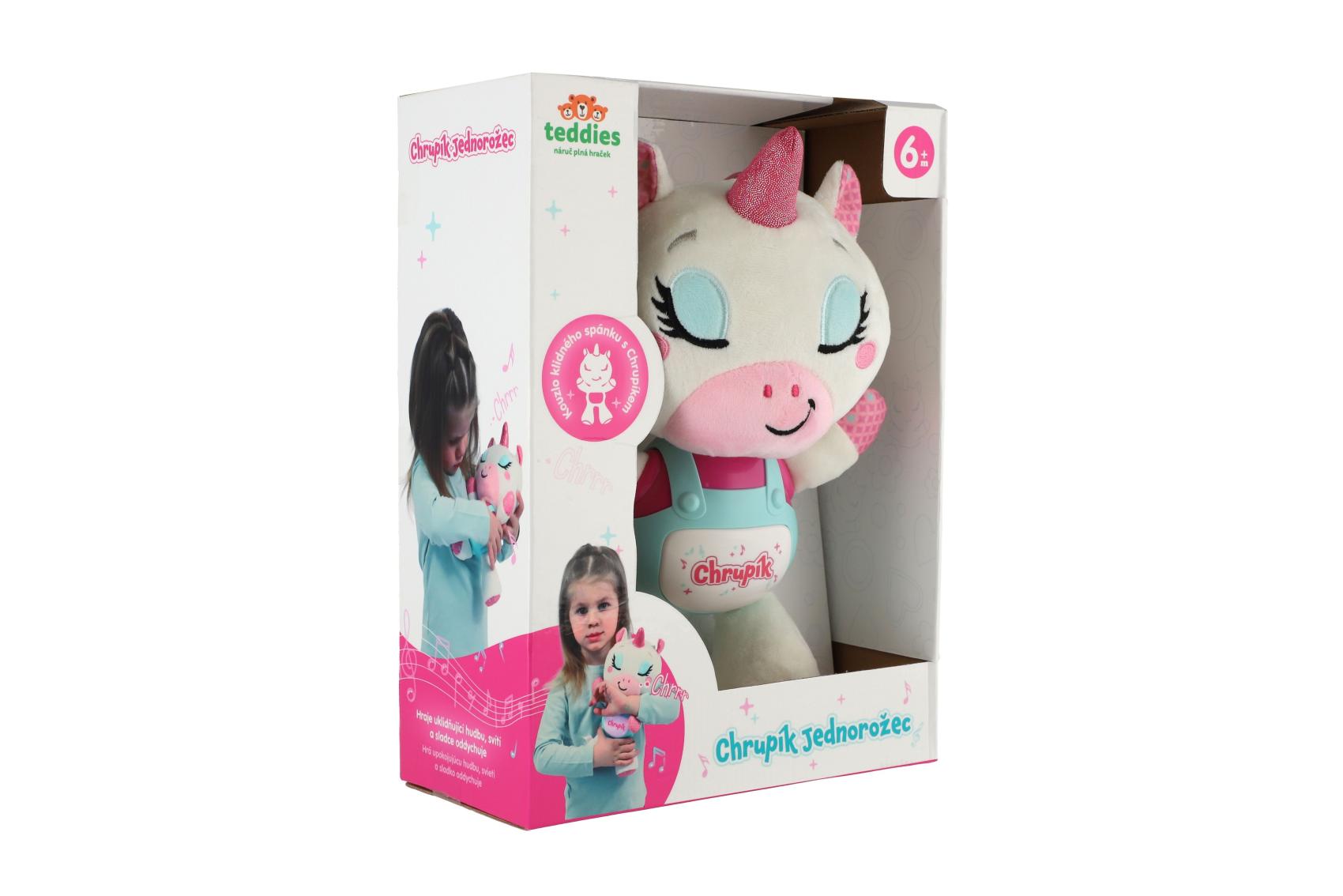 Teddies Jednorožec Chrupík usínáček plyš/plast na baterie se zvukem se světlem v krabici 22x30x10,5cm 6m+