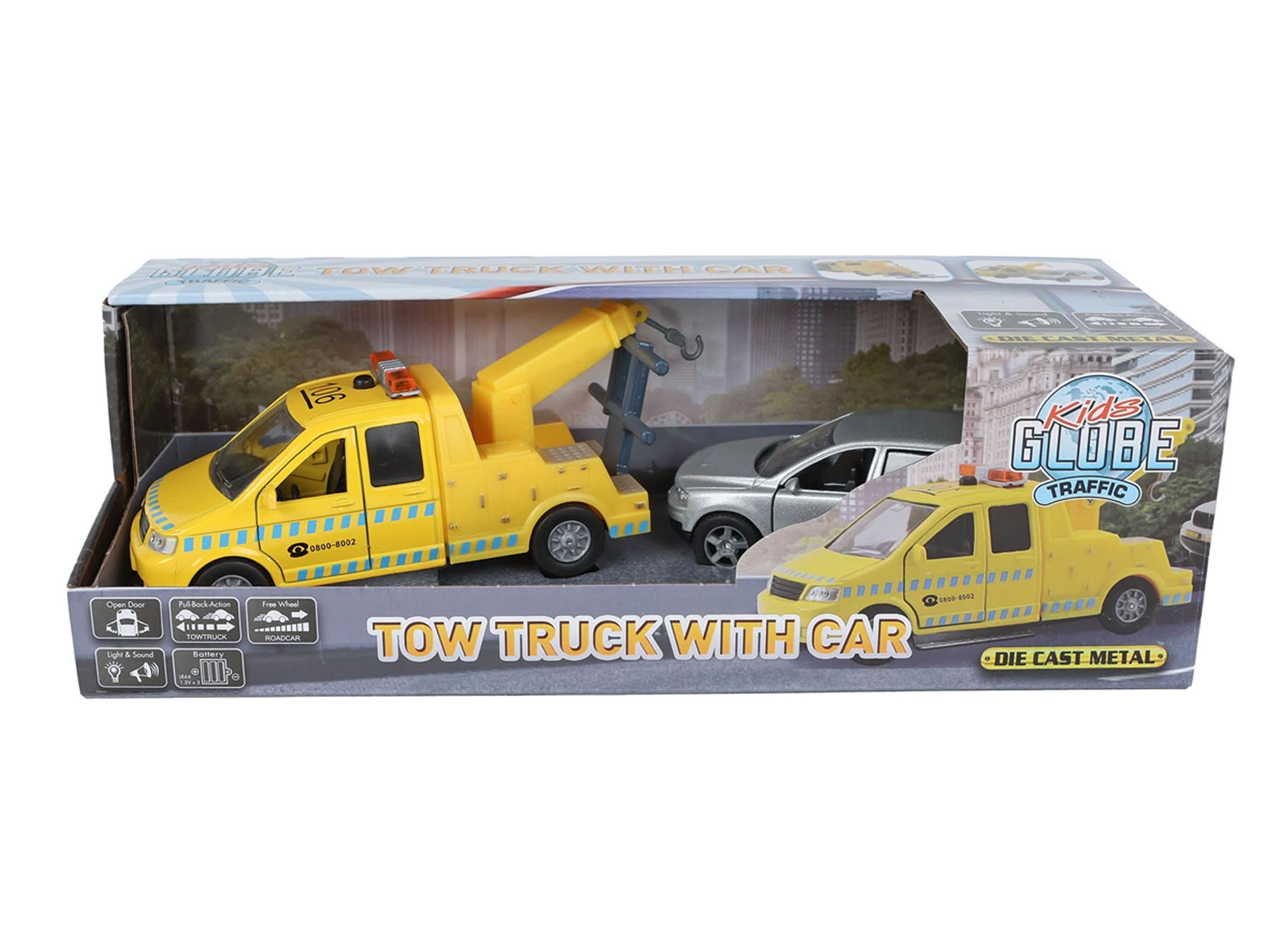 Kids Globe Traffic odtahovka 14cm kov zpětný chod na baterie světlo+zvuk s autem 11,5cm v krabičce