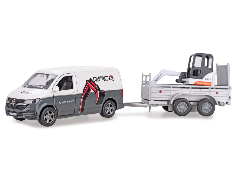 Kids Globe Traffic VW Transporter s přívěsem 27cm zpětný chod s mini bagrem v krabičce