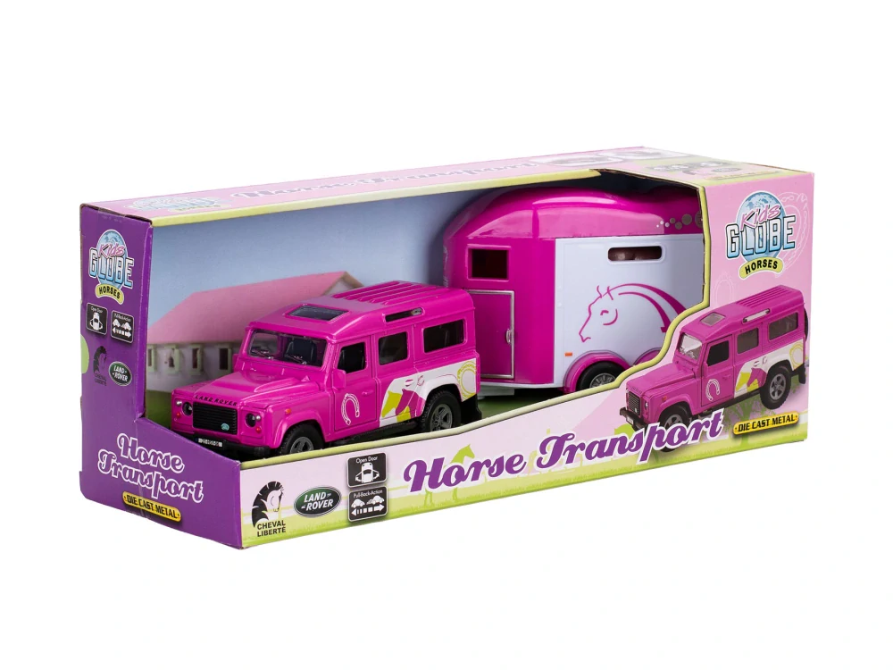 Kids Globe Horses Land Rover růžový kov s přívěsem pro koně 28cm zpětný chod v krabičce