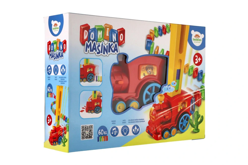 Teddies Lokomotiva/Vlak domino stavěcí plast 16cm na baterie se zvukem se světlem v krabici 33x23,5x8cm