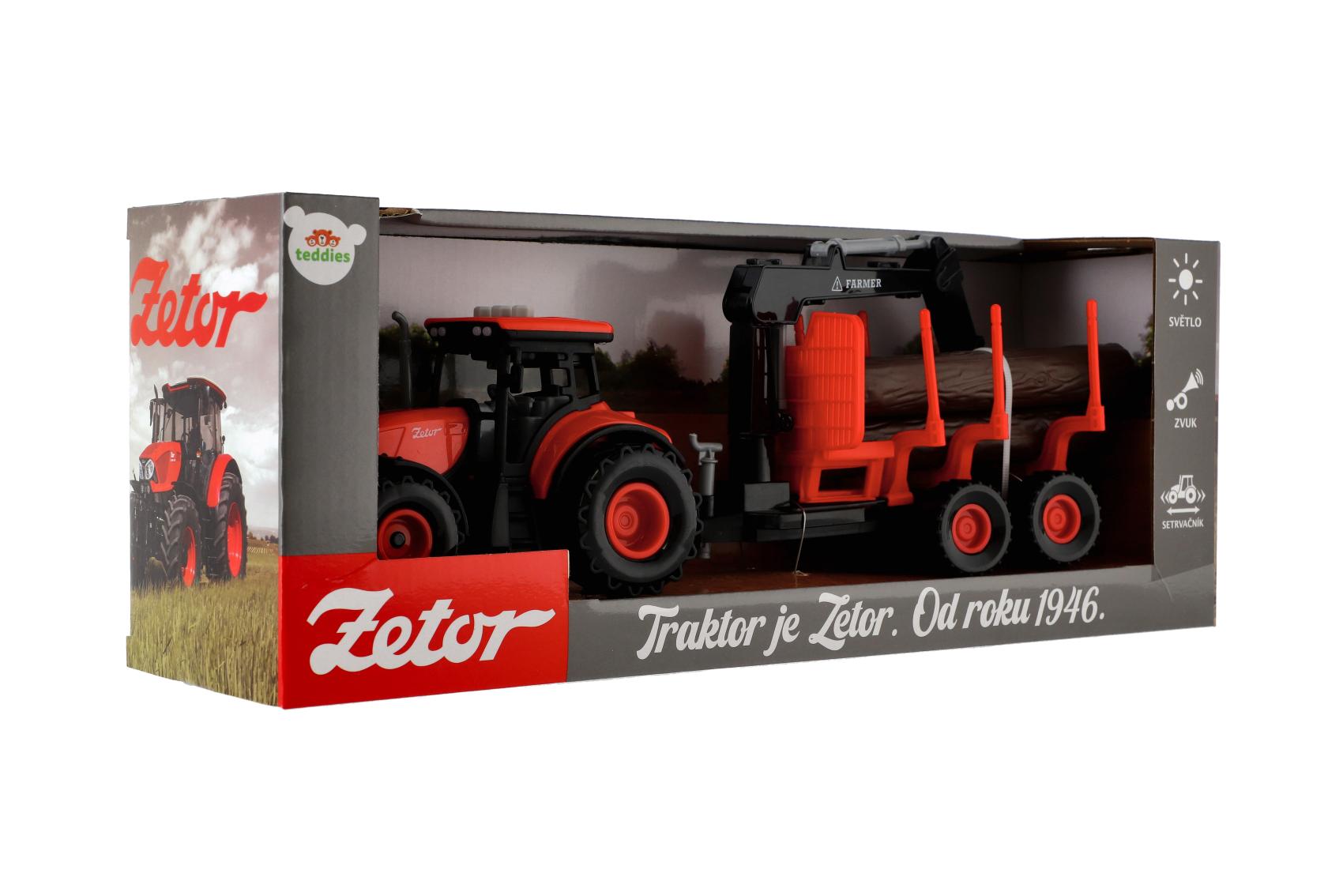 Teddies Traktor Zetor s vlekem s naklád. ramenem plast 36cm na setrvačník na bat. se světlem a zvukem v krab.