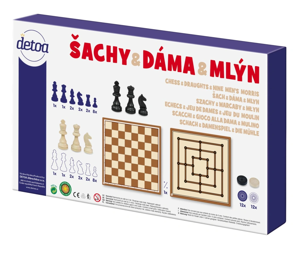 Detoa Šachy a dáma dřevo společenská hra v krabici 35 x 23 x 4 cm