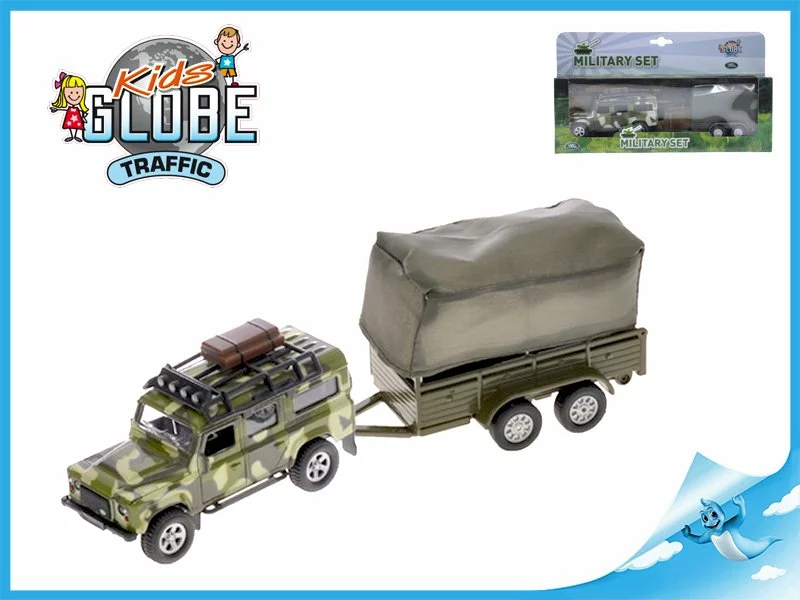 Mikro Land Rover Defender Military 14,5 cm kov zpětný chod s přívěsem s plachtou