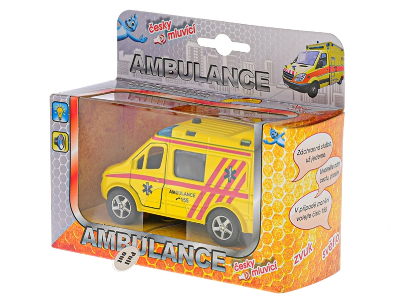 Mikro Auto ambulance CZ 11cm kov na zpětný chod na baterie česky mluvící se světlem