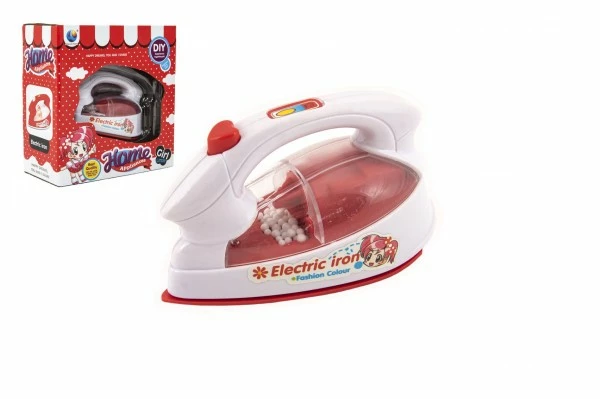 Žehlička malá plast 12cm na baterie se světlem v krabici 16x17x8cm