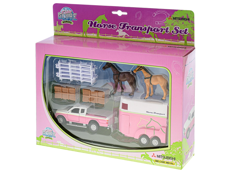 Kids Globe Mitsubishi růžové 13cm kov na zpětný chod s přívěsem pro koně s doplňky v krabičce
