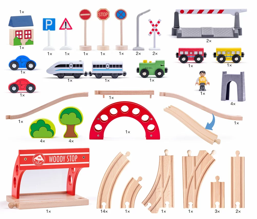 Woody Vláčkodráha s elektrickou mašinkou a viaduktem, 60 dílů