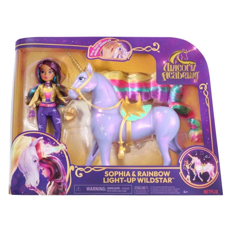 Spin Master UNICORN ACADEMY SVĚTELNÝ JEDNOROŽEC WILDSTAR S PANENKOU SOPHIA 24cm