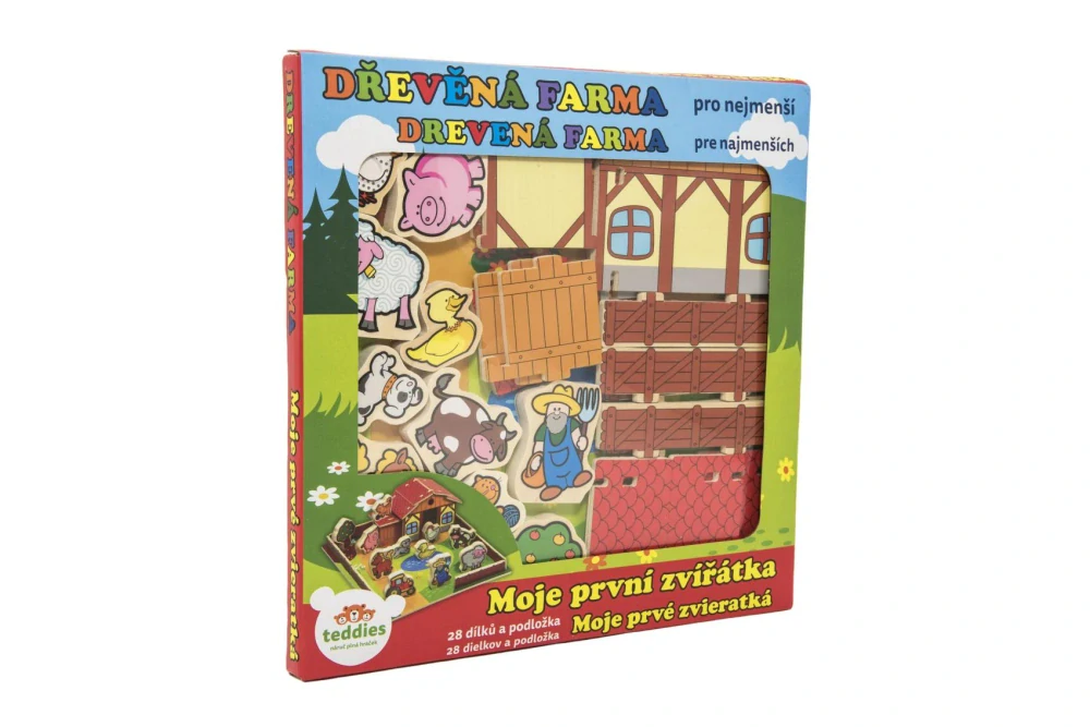Teddies Domeček dřevěná farma Moje první zvířátka 31x31cm 28ks+podložka v krabici MPZ