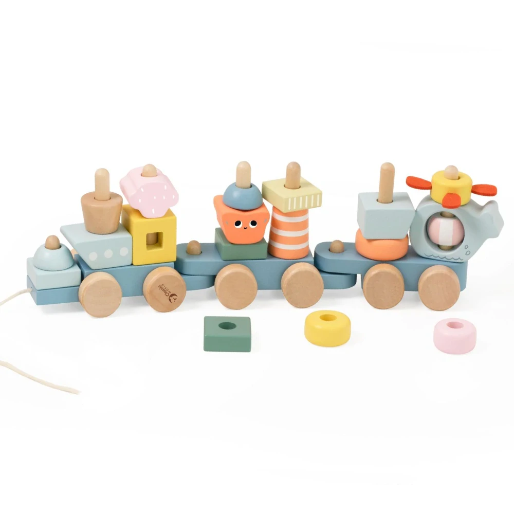Teddies Vlak + 2 vagóny oceán dřevo tahací stavebnice 28 dílků v krabici 38x12x8cm 12m+