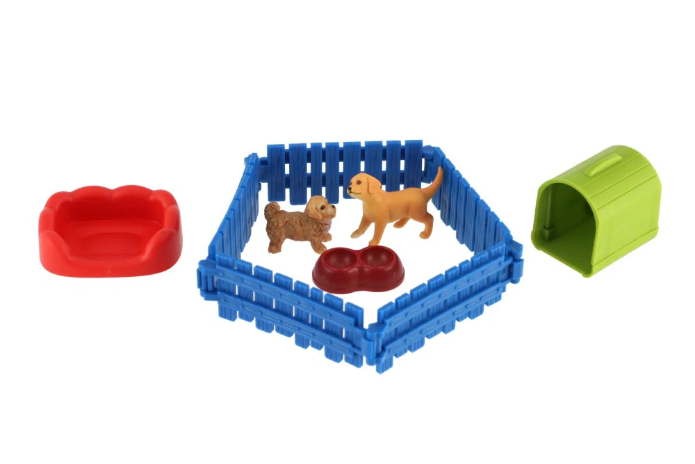 Teddies  Pejskové/Pes 2ks s plotem plast s doplňky v krabici 23x14,5x4,5cm