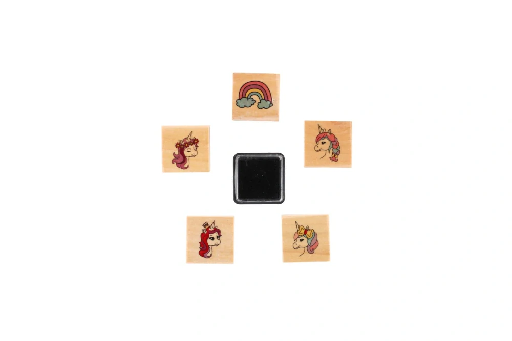 Teddies Razítka dřevěná 5+1 s poduškou jednorožci 3x3cm na kartě