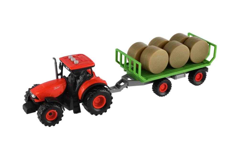 Teddies Traktor Zetor s vlekem a balíky plast 36cm na setrvačník na bat. se světlem se zvukem v krab. 39x13