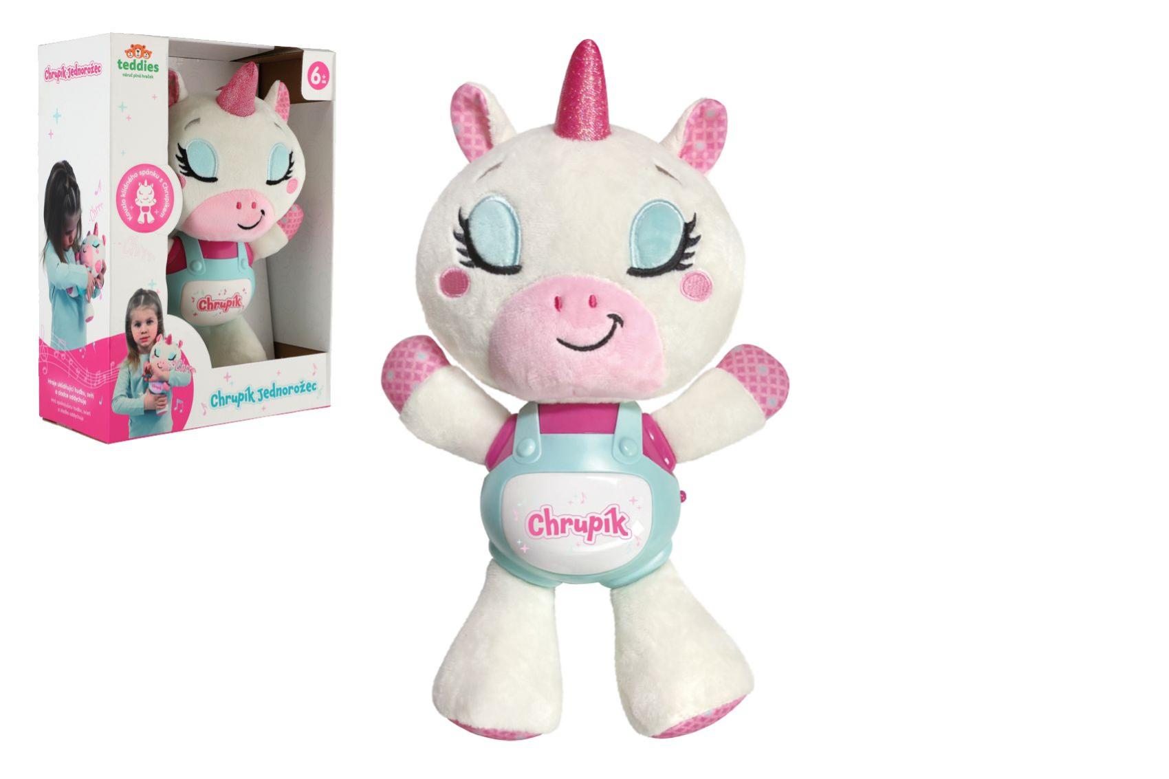 Teddies Jednorožec Chrupík usínáček plyš/plast na baterie se zvukem se světlem v krabici 22x30x10,5cm 6m+