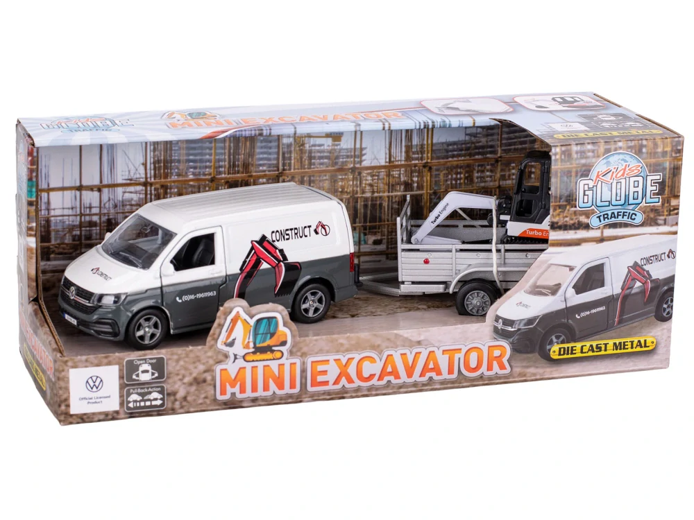 Kids Globe Traffic VW Transporter s přívěsem 27cm zpětný chod s mini bagrem v krabičce