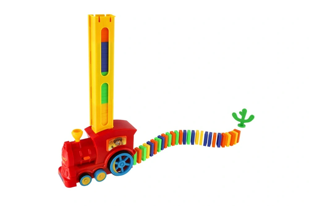 Teddies Lokomotiva/Vlak domino stavěcí plast 16cm na baterie se zvukem se světlem v krabici 33x23,5x8cm