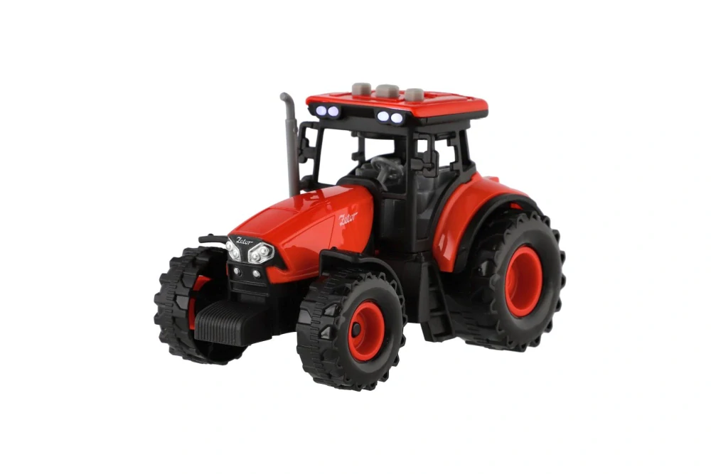 Teddies Traktor Zetor s vlekem plast 36cm na setrvačník na bat. se světlem se zvukem v krabici 39x13x13cm
