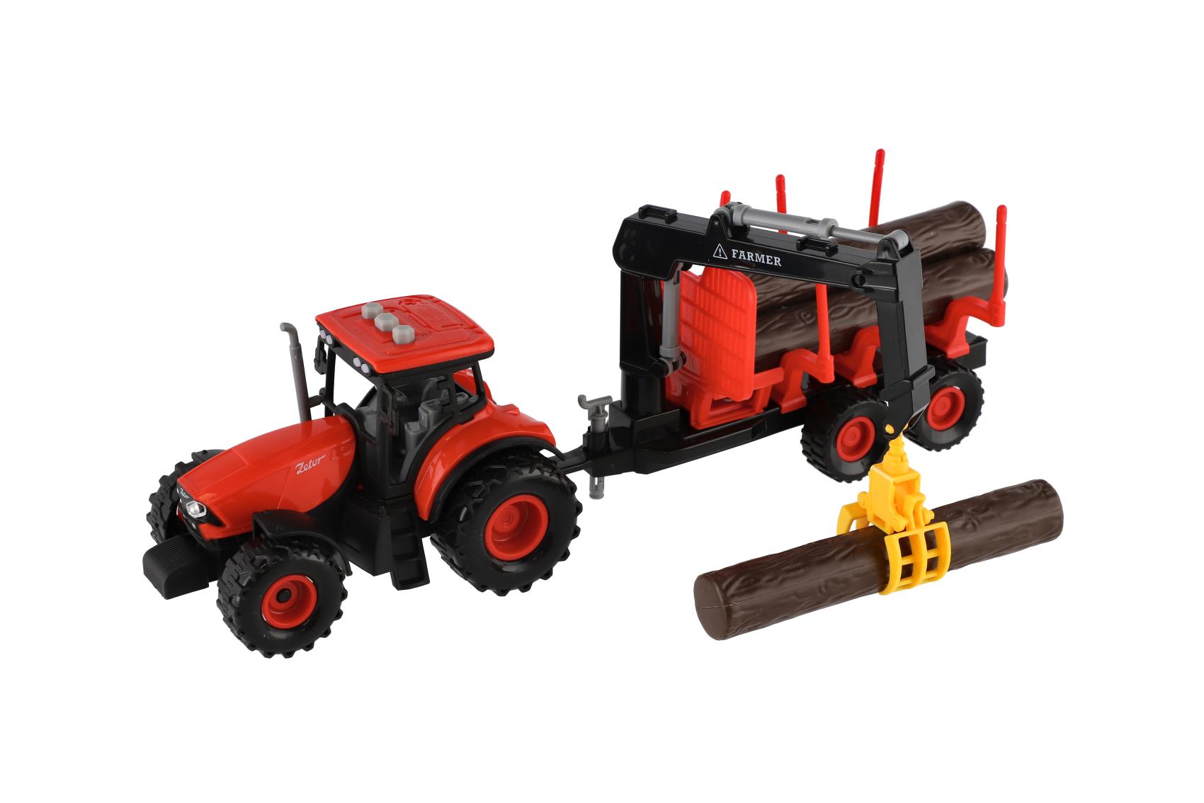 Teddies Traktor Zetor s vlekem s naklád. ramenem plast 36cm na setrvačník na bat. se světlem a zvukem v krab.