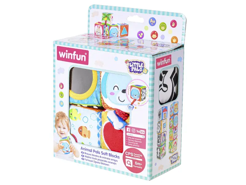 Winfun Kostky měkké 9x9cm na natažení s obrázky 6m+ 4ks v krabičce