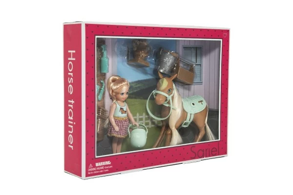 Panenka/žokejka 14cm kloubová s koněm plast s doplňky v krabici 30x23x6cm