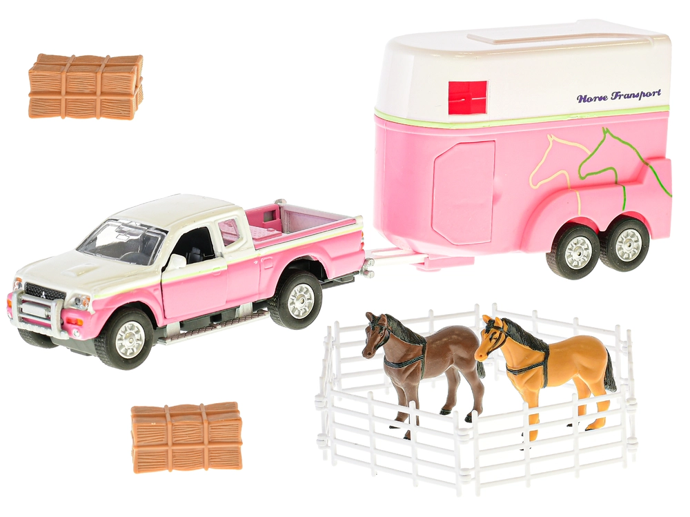 Kids Globe Mitsubishi růžové 13cm kov na zpětný chod s přívěsem pro koně s doplňky v krabičce