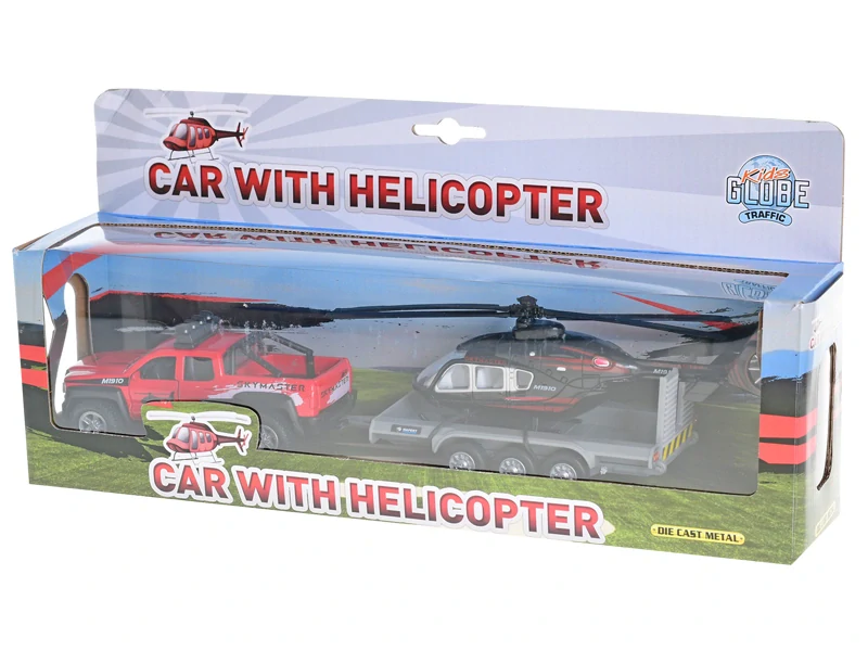 Kids Globe Traffic auto terénní 13cm kov na zpětný chod s přívěsem + vrtulníkem 20cm v krabičce