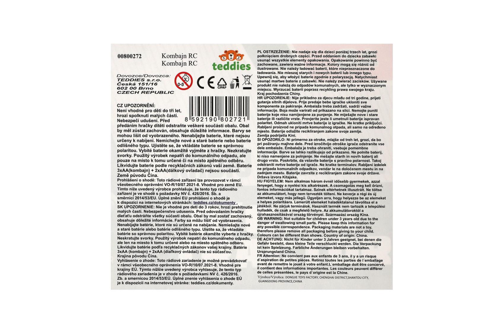 Teddies Kombajn na kukuřici RC plast 22cm 27MHz na baterie se světlem v krabici 30x21x12cm