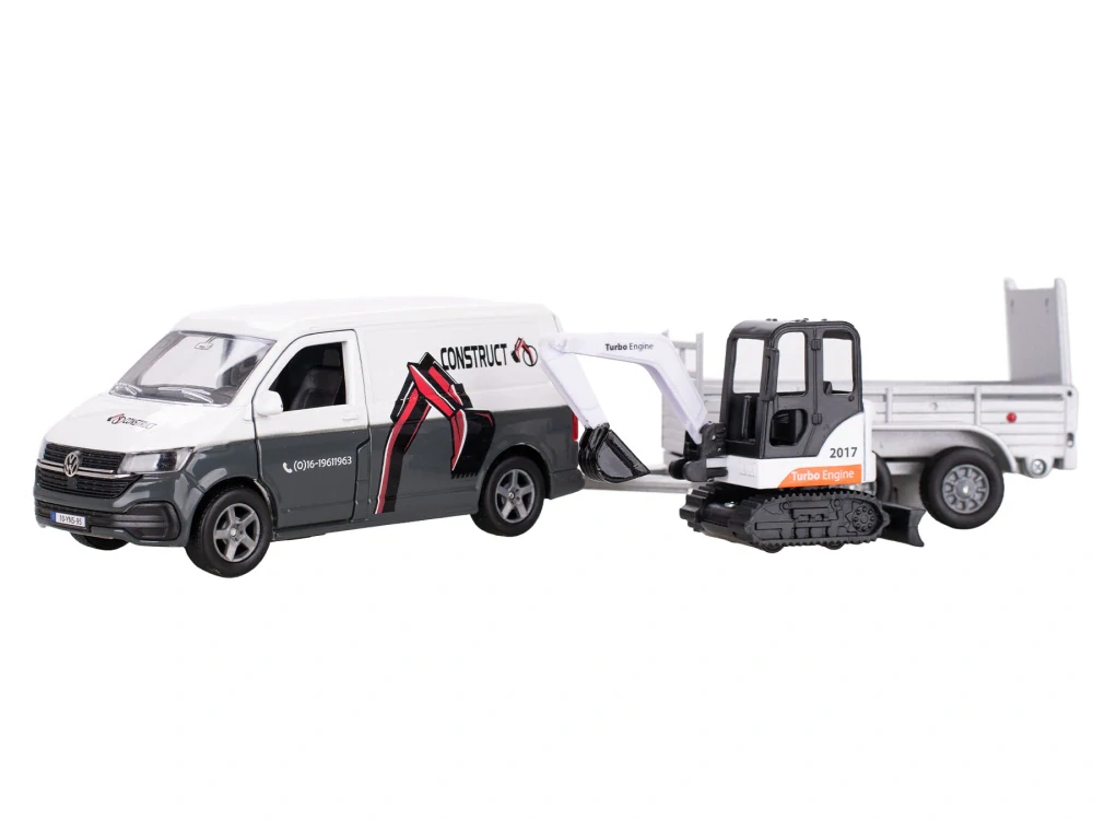 Kids Globe Traffic VW Transporter s přívěsem 27cm zpětný chod s mini bagrem v krabičce