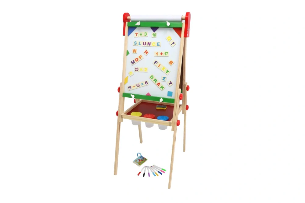 Teddies Tabule oboustranná magnetická dřevo černá/bílá 35x43cm s rolí papíru s doplňky v krabici 40x61cm