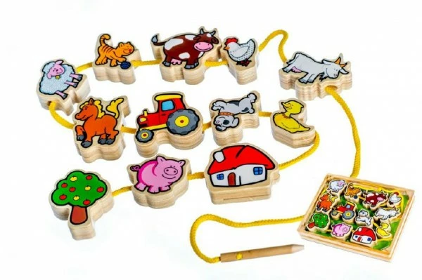 Teddies Provlékačka dřevěná Moje první zvířátka 12 dílků v krabičce 24,6 x 19 x 3,8 cm