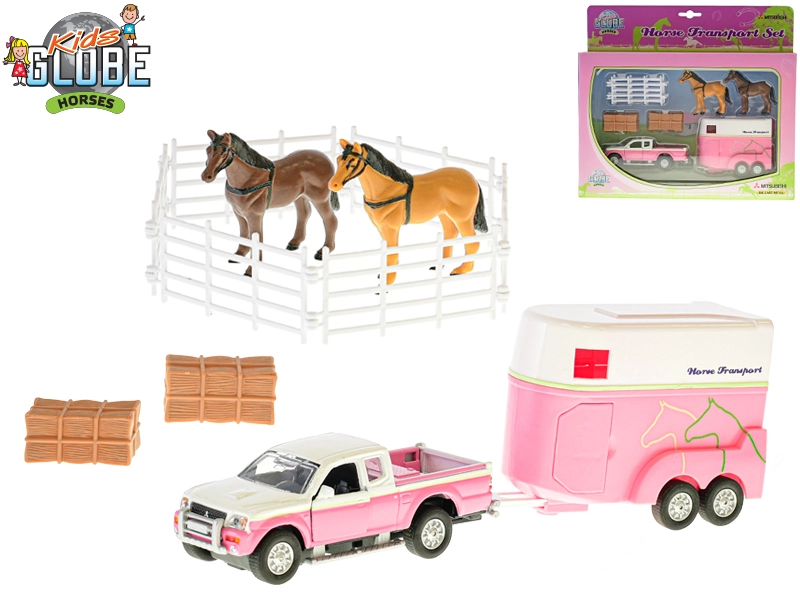 Kids Globe Mitsubishi růžové 13cm kov na zpětný chod s přívěsem pro koně s doplňky v krabičce