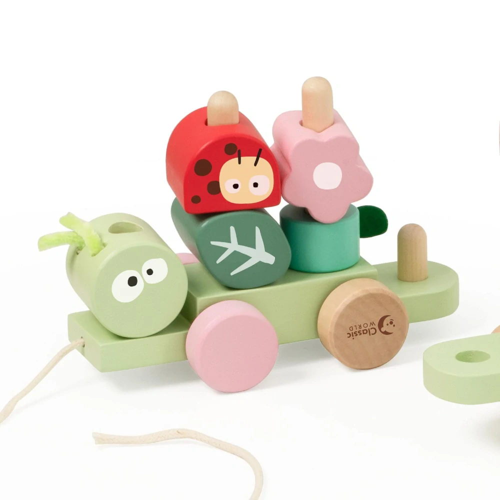 Teddies Vlak + 2 vagóny jungle dřevo tahací stavebnice 27 dílků v krabici 38x12x8cm 12m+