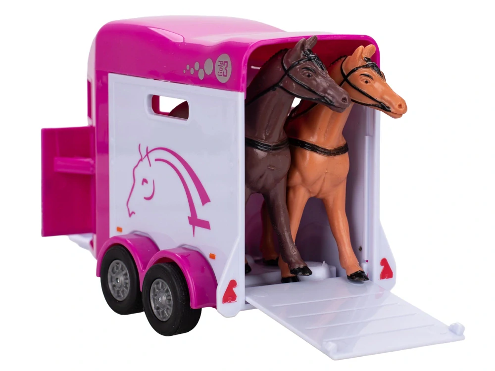 Kids Globe Horses Land Rover růžový kov s přívěsem pro koně 28cm zpětný chod v krabičce