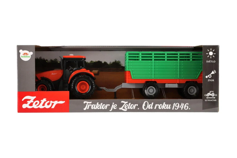 Teddies Traktor Zetor s vlekem plast 36cm na setrvačník na bat. se světlem se zvukem v krabici 39x13x13cm