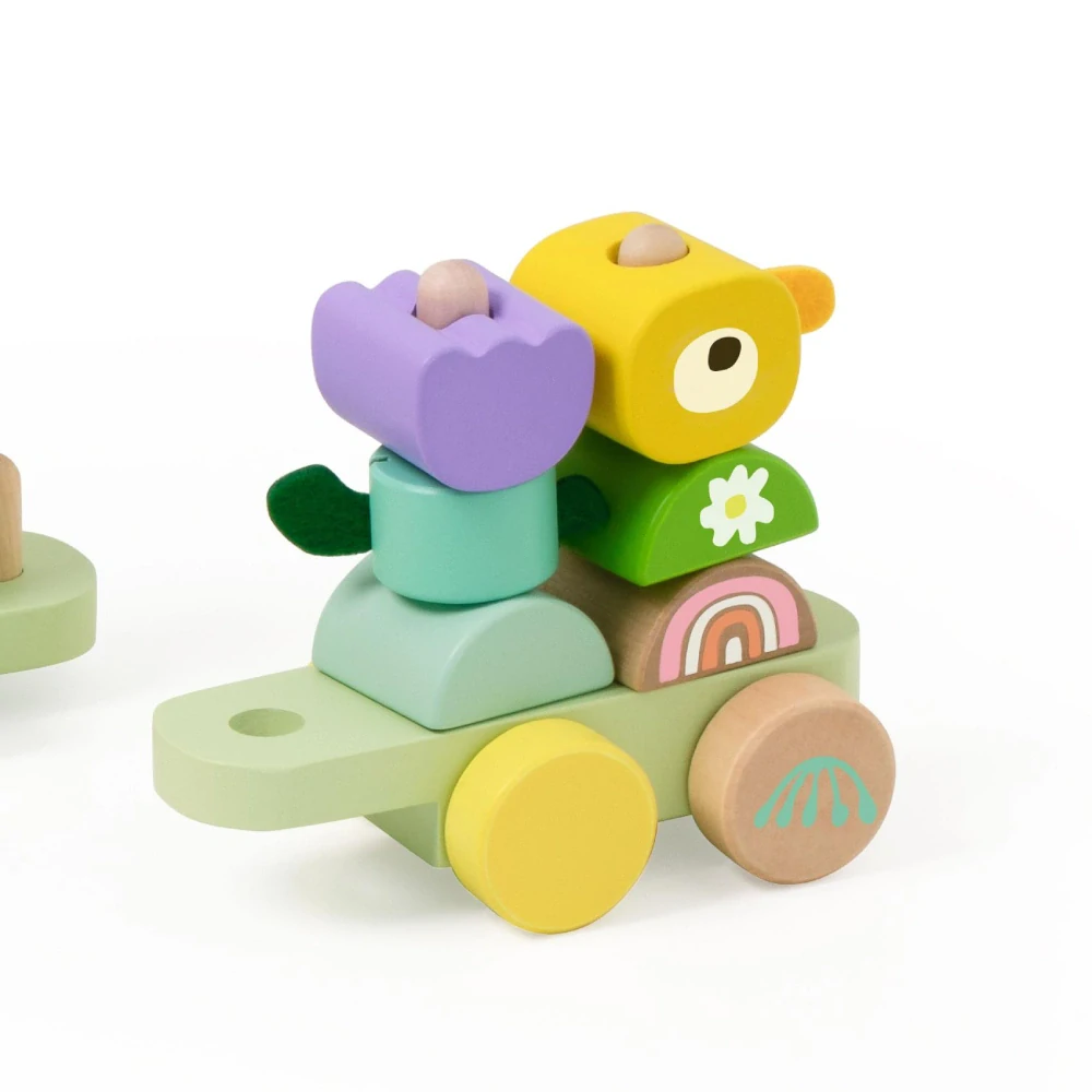 Teddies Vlak + 2 vagóny jungle dřevo tahací stavebnice 27 dílků v krabici 38x12x8cm 12m+