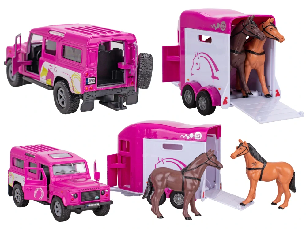 Kids Globe Horses Land Rover růžový kov s přívěsem pro koně 28cm zpětný chod v krabičce