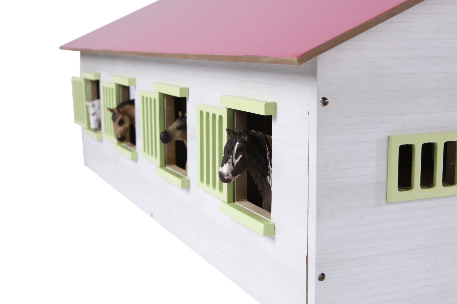 Kids Globe 610189 stáj pro koně dřevěná 1:24 růžová velká 72,5 x 38 x 60 cm